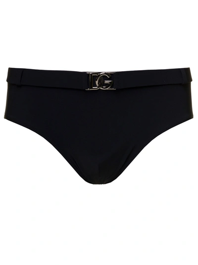 Dolce & Gabbana Black Swim Brief With Metallic Dg Logo In Stretch Polyamide Man