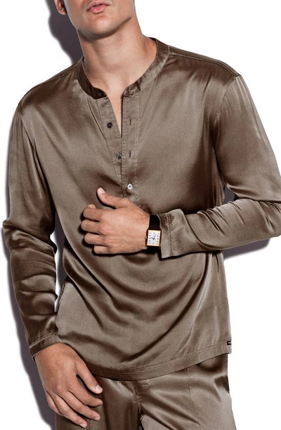 Tom Ford Henley Stretch Silk Pajama Shirt In Walnut