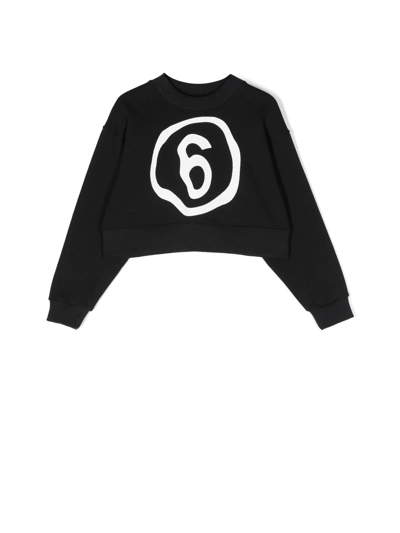 Mm6 Maison Margiela Kids' Logo-print Cropped Sweatshirt In Black