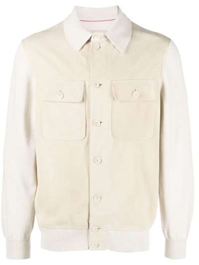 Brunello Cucinelli Hybrid Leather Shirt Jacket In Nude & Neutrals