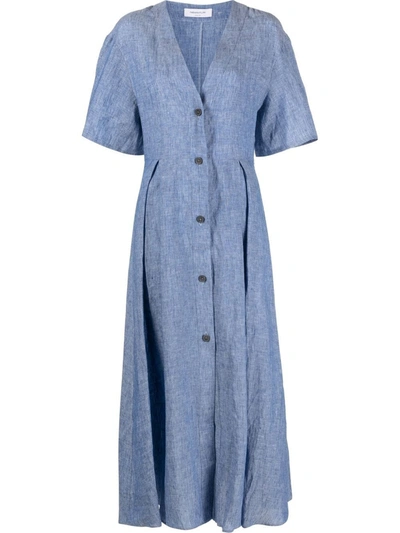 Fabiana Filippi V-neck Chambray Linen Midi Dress In Blue