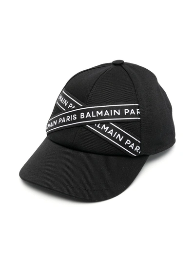 Balmain Logo-tape Detail Baseball Cap In Black