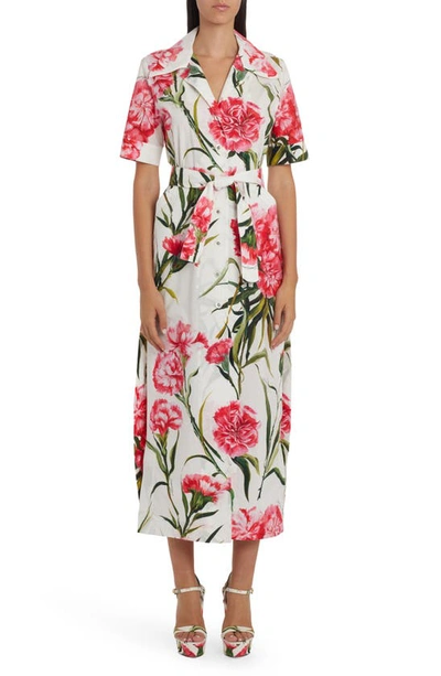 Dolce & Gabbana Belted Floral-print Cotton-poplin Midi Shirt Dress In White