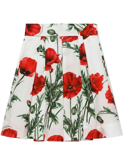 Dolce & Gabbana Kids' Poppy-print Pleated Skirt In White