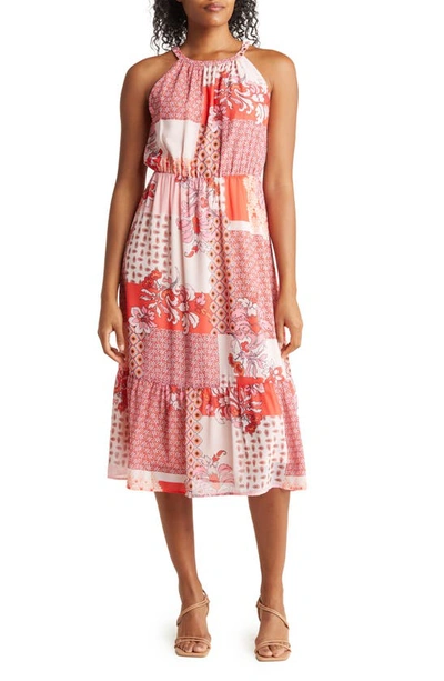 Collective Concepts Patchwork Midi Dress In Orange Floral
