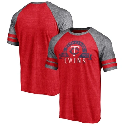 Fanatics Branded Heather Red Minnesota Twins Utility Two-stripe Raglan Tri-blend T-shirt