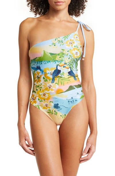 Farm Rio Colorful Rio One-shoulder One-piece Swimsuit In Blue