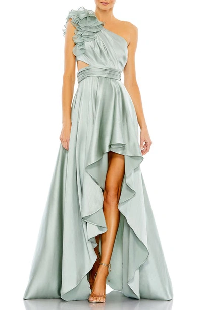 Ieena For Mac Duggal Ruffle One-shoulder High-low Satin Gown In Sage