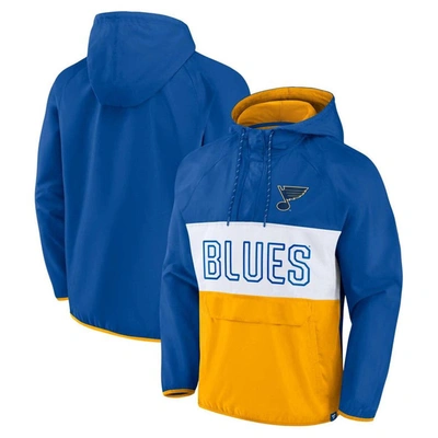 Fanatics Branded Blue/gold St. Louis Blues Backhand Shooter Defender Anorak Raglan Hoodie Quarter-zi In Blue,gold