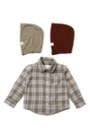 Thoughtfully Hooded Babies' Kid's Print Button-up Shirt & Two Hoods Set In Brown Plaid