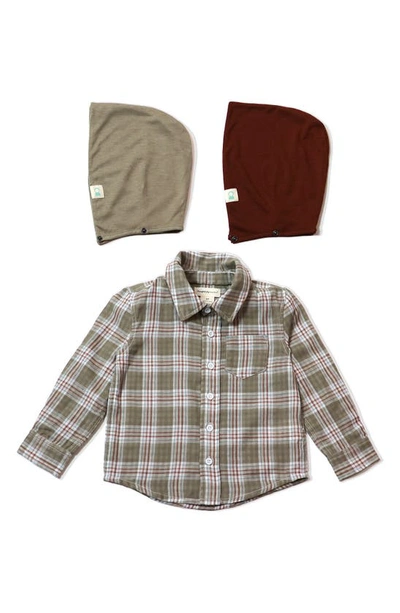 Thoughtfully Hooded Babies' Kid's Print Button-up Shirt & Two Hoods Set In Brown Plaid