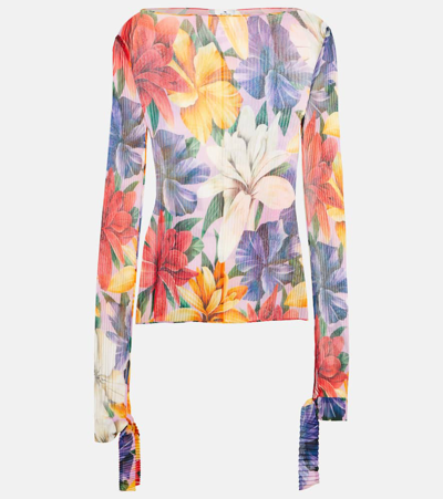 Etro Bold Floral-print Tie-cuffs Pleated Top In Multicolor