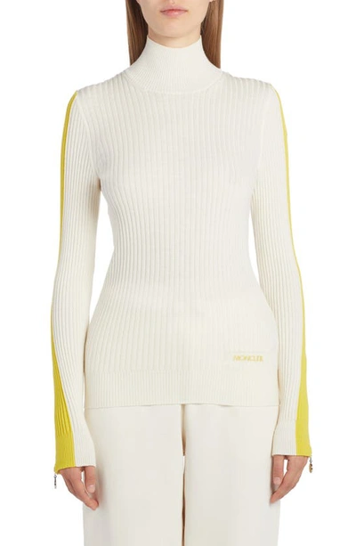 Moncler Ribbed Turtleneck Sweater W/ Colorblock Detail In White
