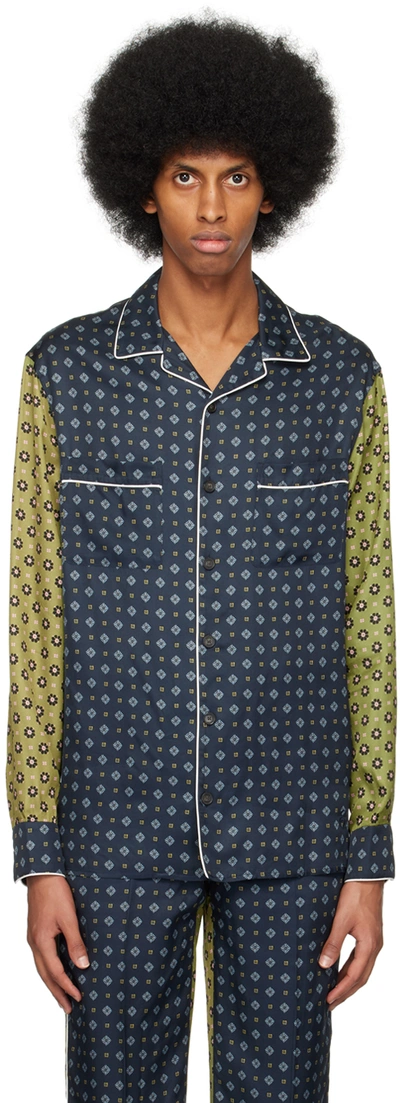 Erdem Lucius Patchwork-print Satin-twill Shirt In Blue + Olive Multi