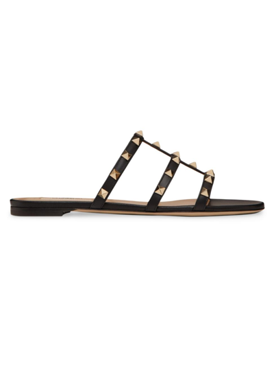 Valentino Garavani Rockstud T-strap Flat Slide Sandals In Black