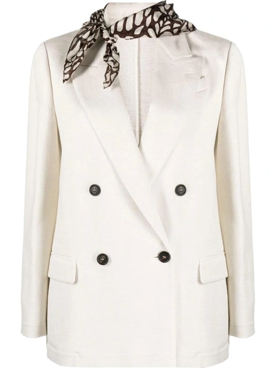 Brunello Cucinelli White Double-breasted Jacket With Bandana In Cotton And Viscose Blend Woman In Beige