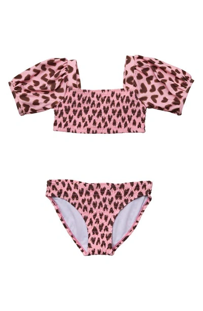 Snapper Rock Kids' Little Girl's & Girl's 2-piece Wild Love Puff Sleeve Bikini In Pink