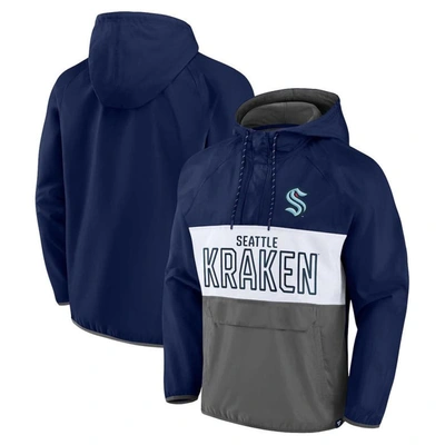 Fanatics Branded Deep Sea Blue/gray Seattle Kraken Backhand Shooter Defender Anorak Raglan Hoodie Qu In Deep Sea Blue,gray