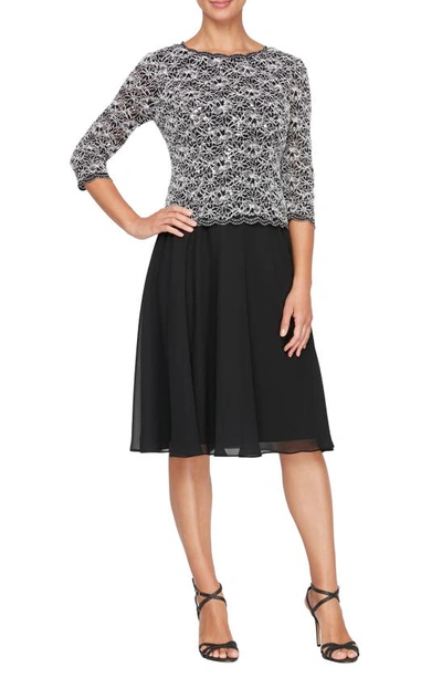 Alex Evenings Mixed Media Cocktail Dress In Black White