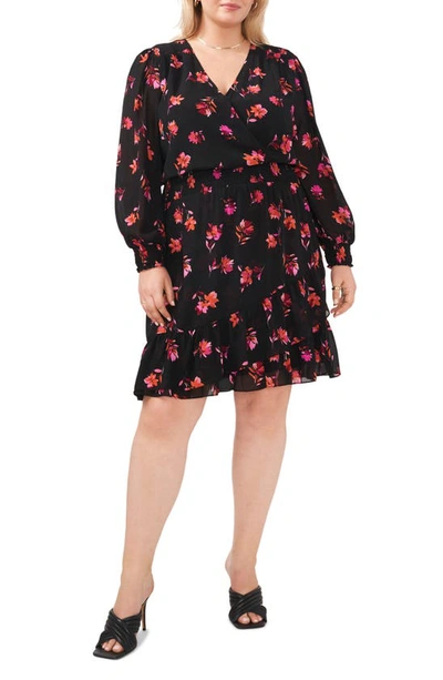 Vince Camuto Smocked Floral Print Ruffle Long Sleeve Minidress In Black/pomegranate Pink