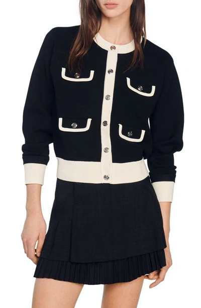 Sandro Two-tone Cardigan With Buttons In Black