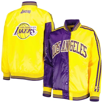 Starter Women's  Purple, Gold Los Angeles Lakers Split Colorblock Satin Full-snap Varsity Jacket In Purple,gold