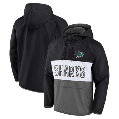 Fanatics Branded Black/gray San Jose Sharks Backhand Shooter Defender Anorak Raglan Hoodie Quarter-z In Black,gray