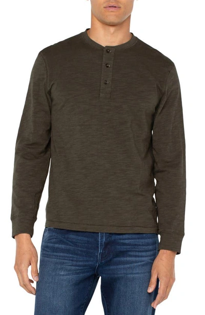 Liverpool Los Angeles Cotton Slub Knit Henley In Military Green