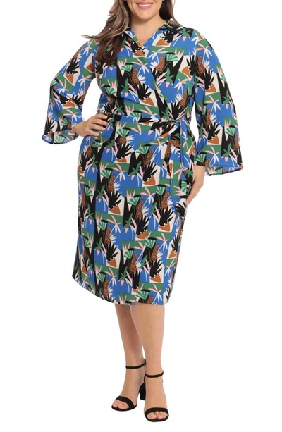 Donna Morgan Print Long Sleeve Midi Wrap Shirtdress In Soft White/ Jolly Green