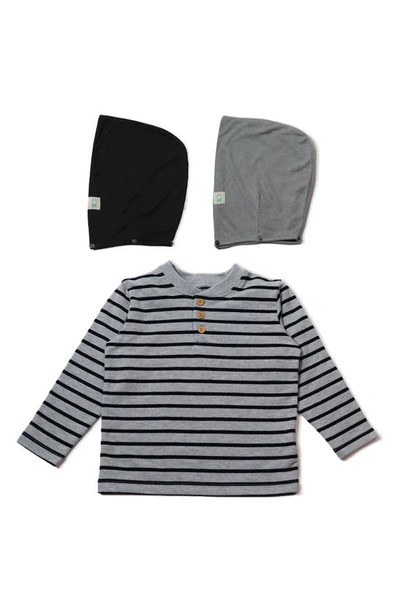Thoughtfully Hooded Babies' Henley With Removable Hood In H. Grey With Black Stripe