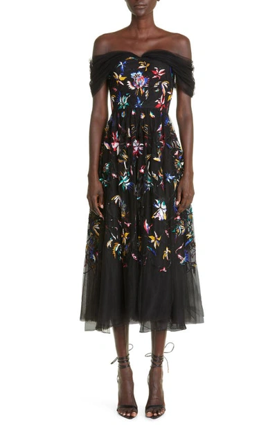 Jason Wu Embroidered Off The Shoulder Tulle Cocktail Dress In Black