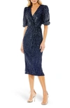 Mac Duggal Navy Sequined V-neck Short Puff Sleeve Midi Dress In Midnight
