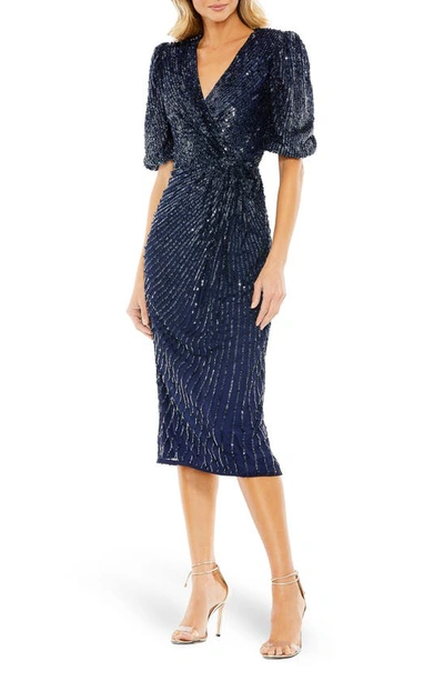 Mac Duggal Sequin Puff Sleeve Sheath Dress In Midnight