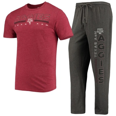 Concepts Sport Men's  Heathered Charcoal, Maroon Texas A&m Aggies Meter T-shirt And Pants Sleep Set In Heathered Charcoal,maroon