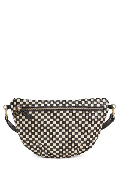 Clare V Grande Woven Leather Belt Bag In Black And Cream Checker