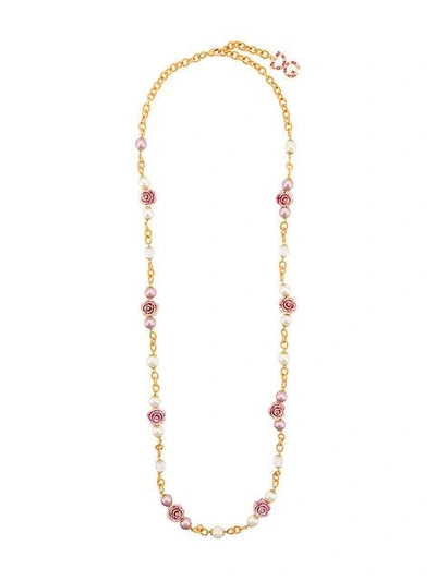 Dolce & Gabbana Rose And Faux Pearl Long Necklace - Metallic