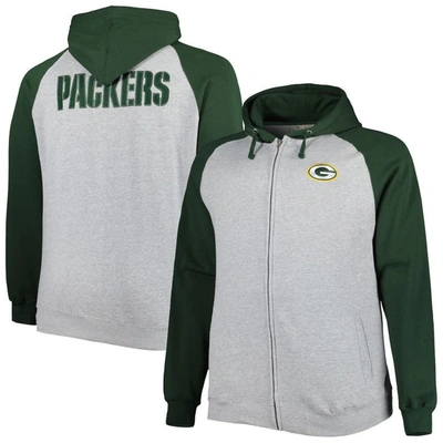 Profile Men's Heather Gray Green Bay Packers Big And Tall Fleece Raglan Full-zip Hoodie Jacket