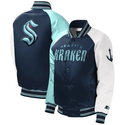 Starter Kids' Youth  Deep Sea Blue Seattle Kraken Raglan Full-snap Varsity Jacket In Navy