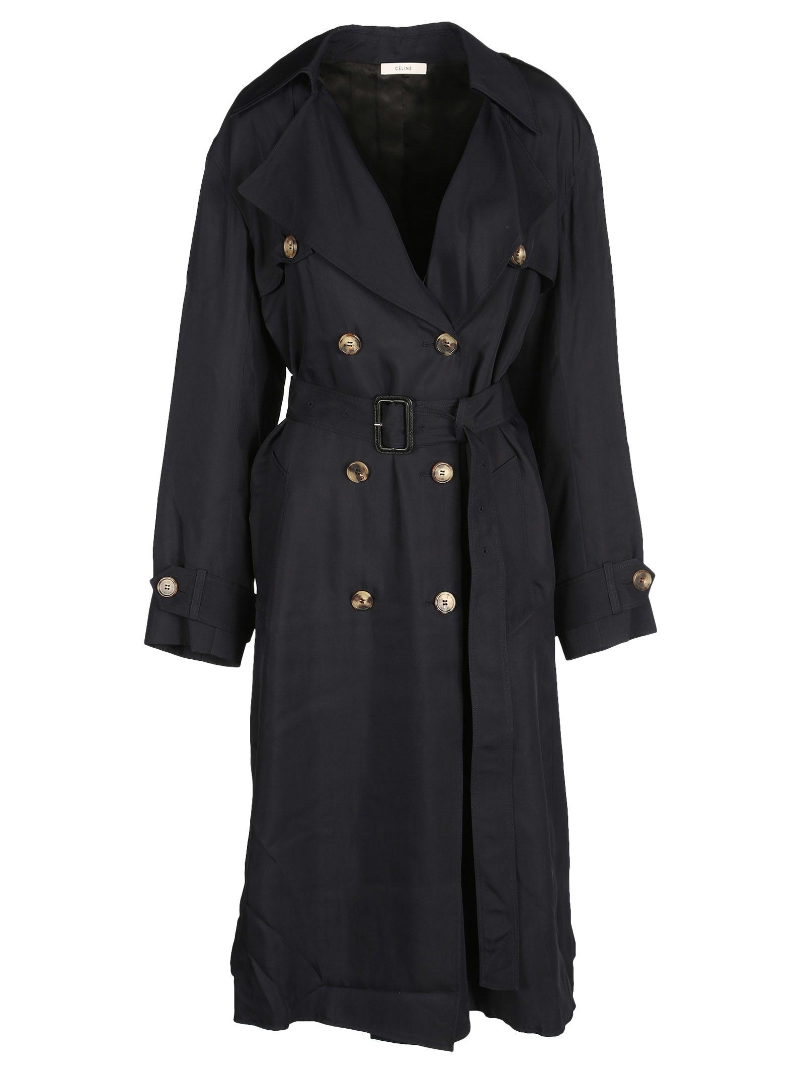 Celine Céline Double Breasted Trench Coat In Blue | ModeSens