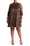 Nina Leonard Smock Neck Printed Dress In Rust Multi