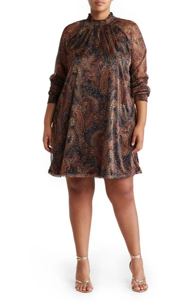 Nina Leonard Smock Neck Printed Dress In Rust Multi