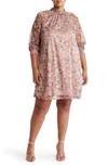 Nina Leonard Smock Neck Printed Dress In Rose Multi