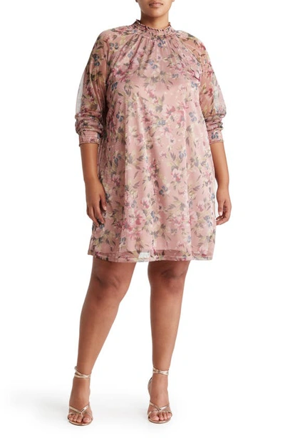 Nina Leonard Smock Neck Printed Dress In Rose Multi