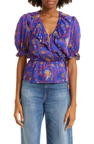 Ba&sh Chella Puff Sleeve Peplum Top In Blue