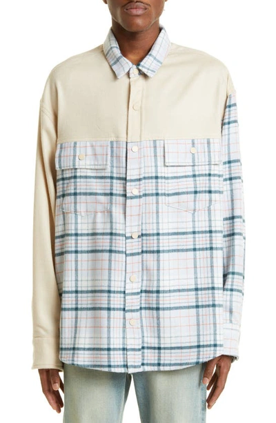 The Elder Statesman Patchwork Flannel Virgin Wool Blend Overshirt In Cream W/ Peacock Plaid