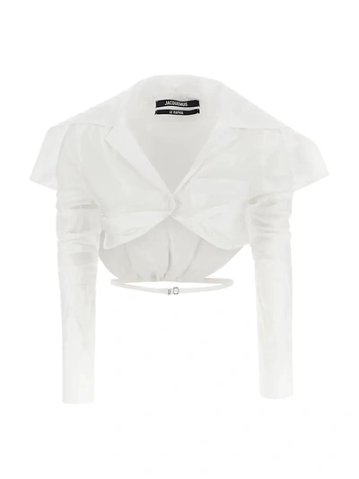 Jacquemus La Chemise Meio Poplin Crop Cape Shirt In White