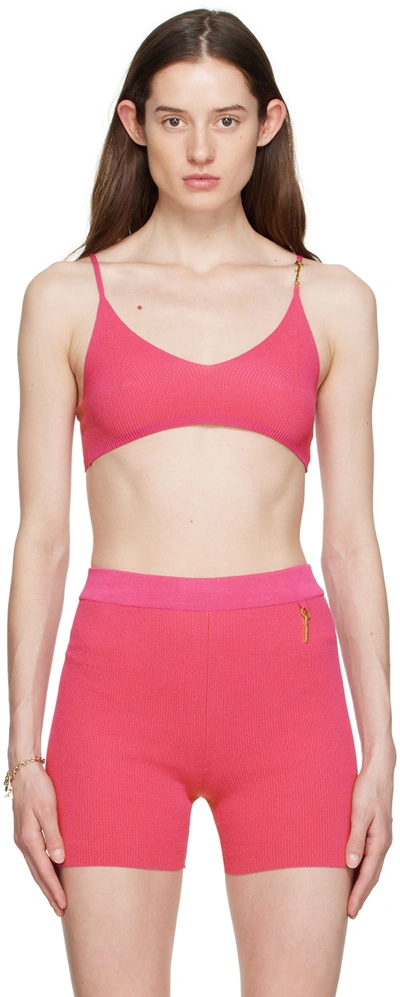 Jacquemus Pralu Cropped Embellished Ribbed-knit Top In Pink