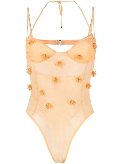 Jacquemus Le Body Ilha Beaded Mesh Bodysuit In Yellow