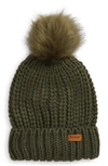 Barbour Saltburn Faux Fur Pom Beanie In Olive
