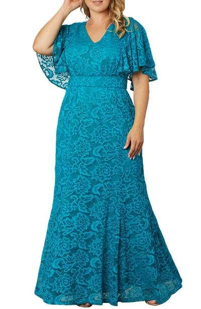 Kiyonna Duchess Lace Evening Gown In Teal Topaz